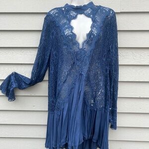 Free People Steel Blue Lace Long Sleeve Tunic